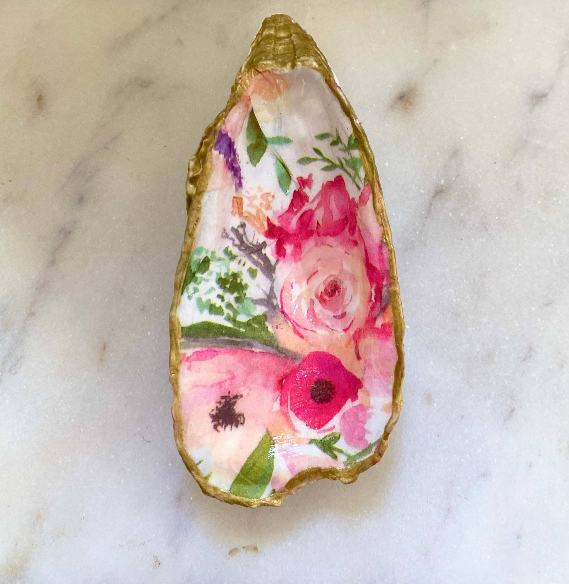 Handcrafted Pink Floral Oyster Shell Jewelry Dish - The Coral Palm LLC