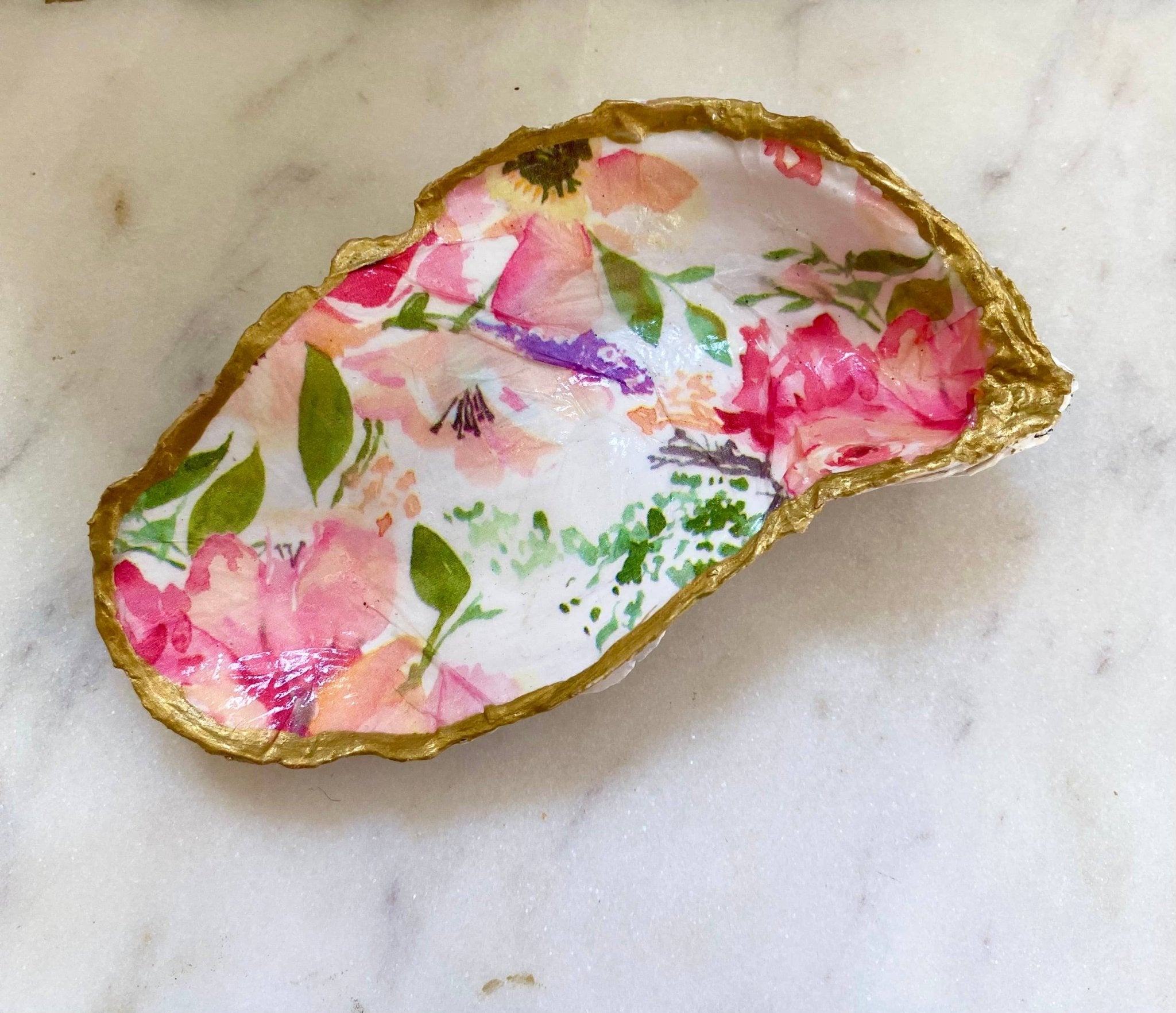 Handcrafted Pink Floral Oyster Shell Jewelry Dish - The Coral Palm LLC