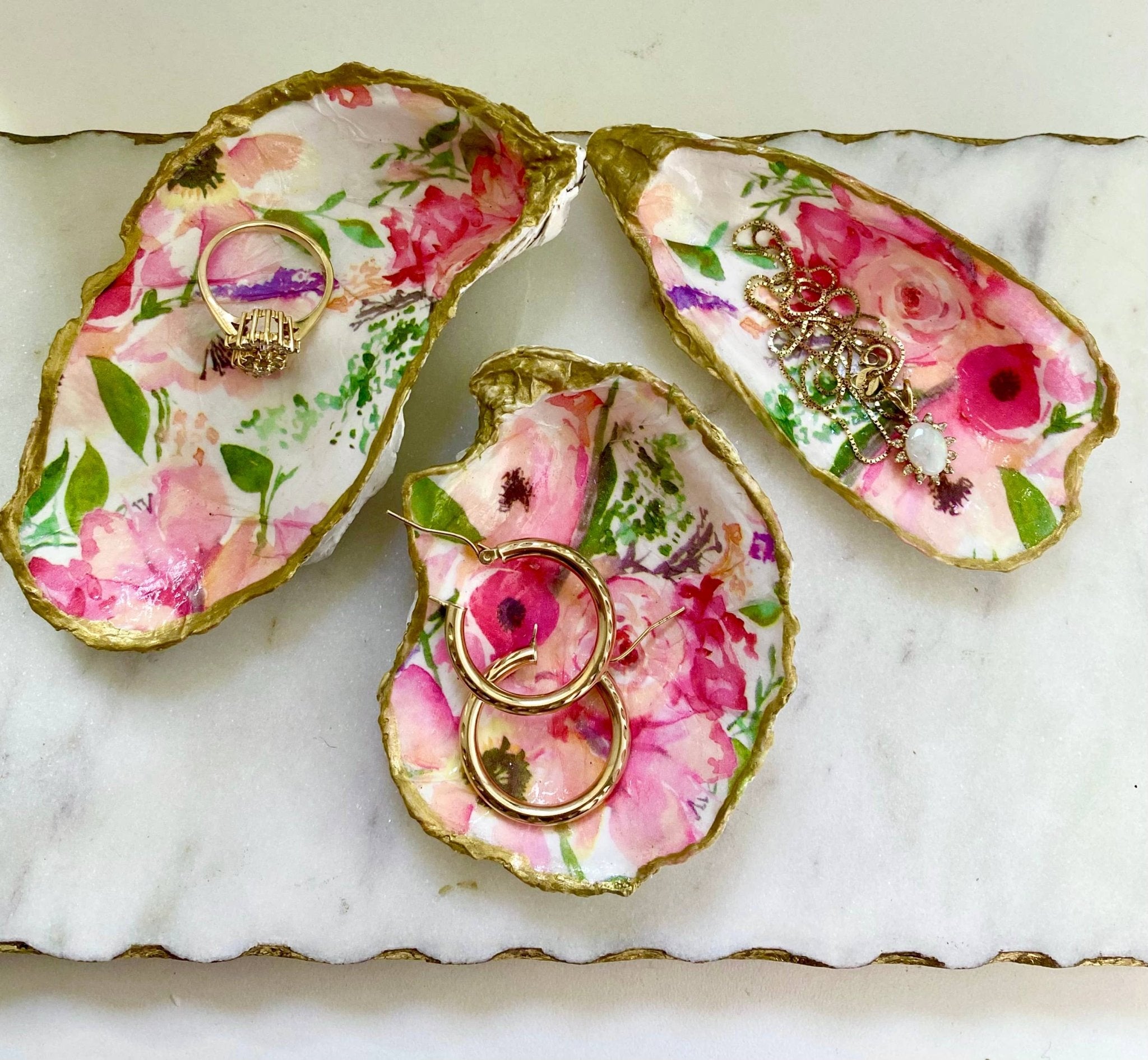 Handcrafted Pink Floral Oyster Shell Jewelry Dish - The Coral Palm LLC
