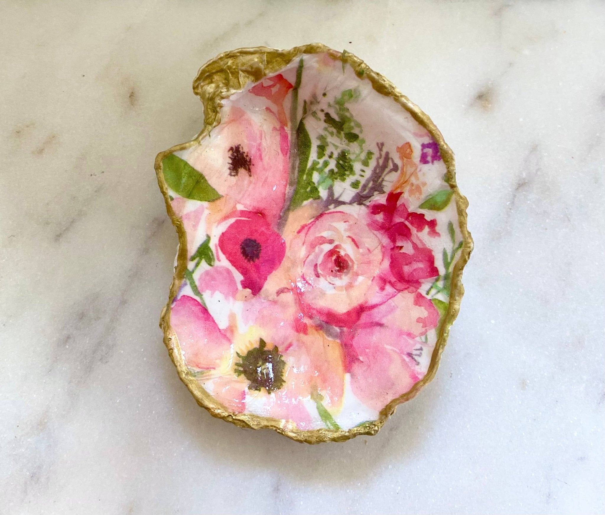 Handcrafted Pink Floral Oyster Shell Jewelry Dish - The Coral Palm LLC