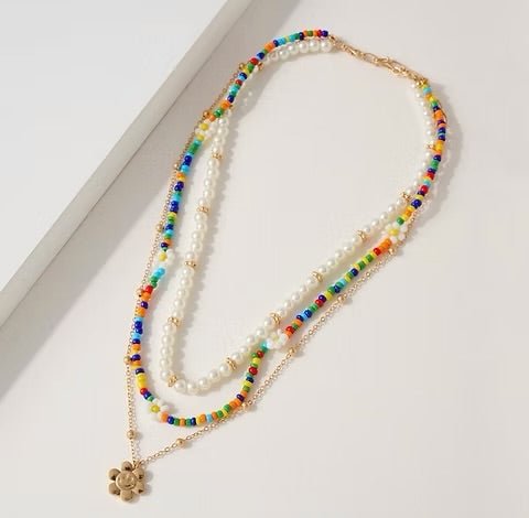 Layered Pearl + Flower Necklace - The Coral Palm LLC