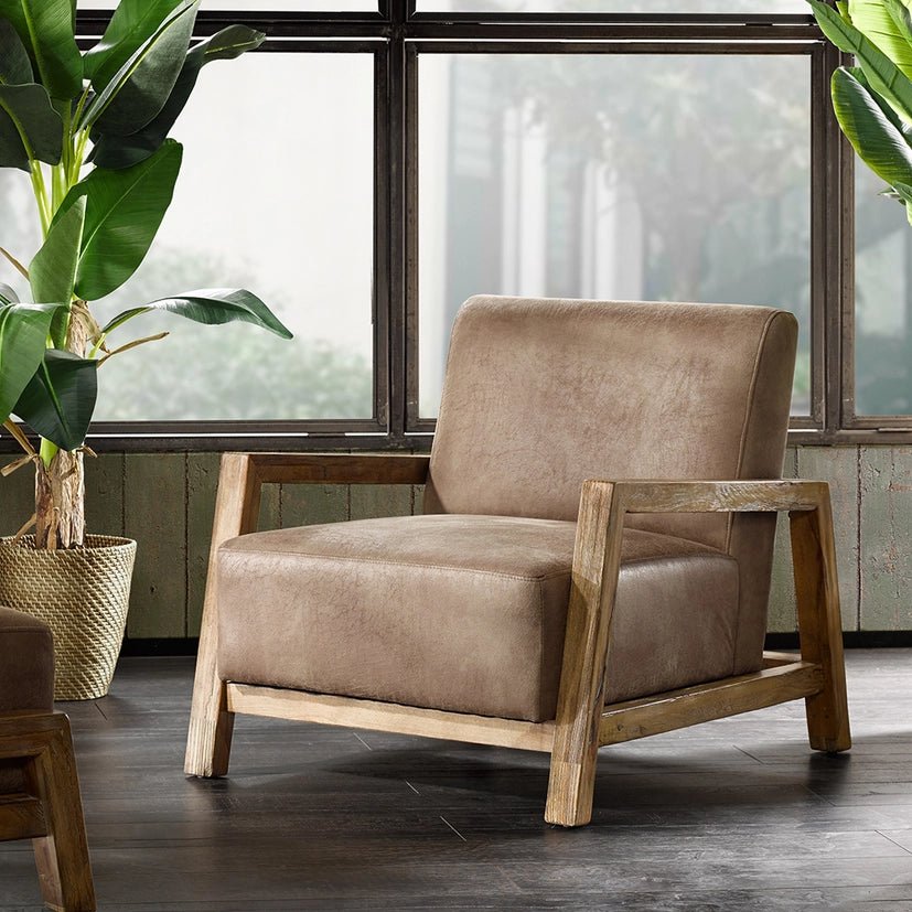 Mid Century Modern Wood Pu Leather Living Room Accent Chair - The Coral Palm LLC