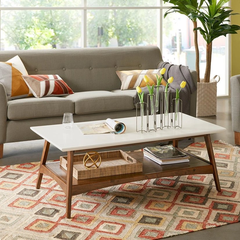 Midcentury Pecan Wood Coffee Table with Bottom Shelf - The Coral Palm LLC