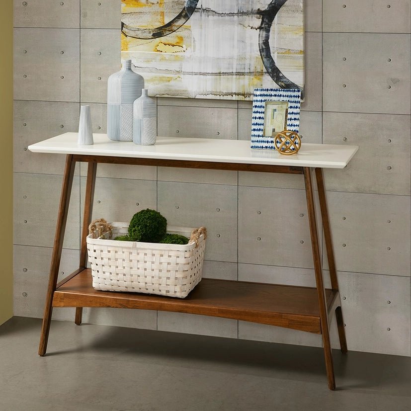 Midcentury Pecan Wood Console Table with Bottom Shelf - The Coral Palm LLC