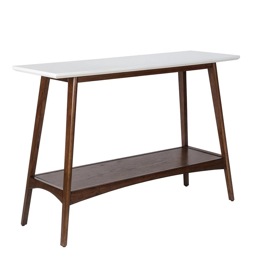 Midcentury Pecan Wood Console Table with Bottom Shelf - The Coral Palm LLC