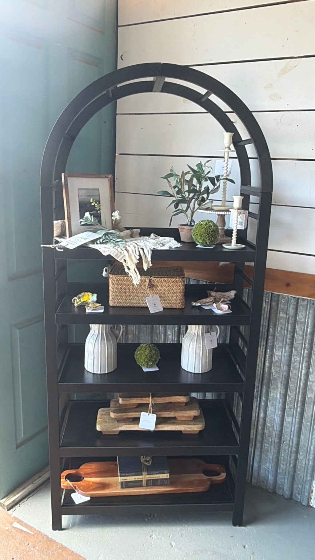 Midnight Black Farmhouse Vintage Coastal Arch Bookcase - The Coral Palm LLC