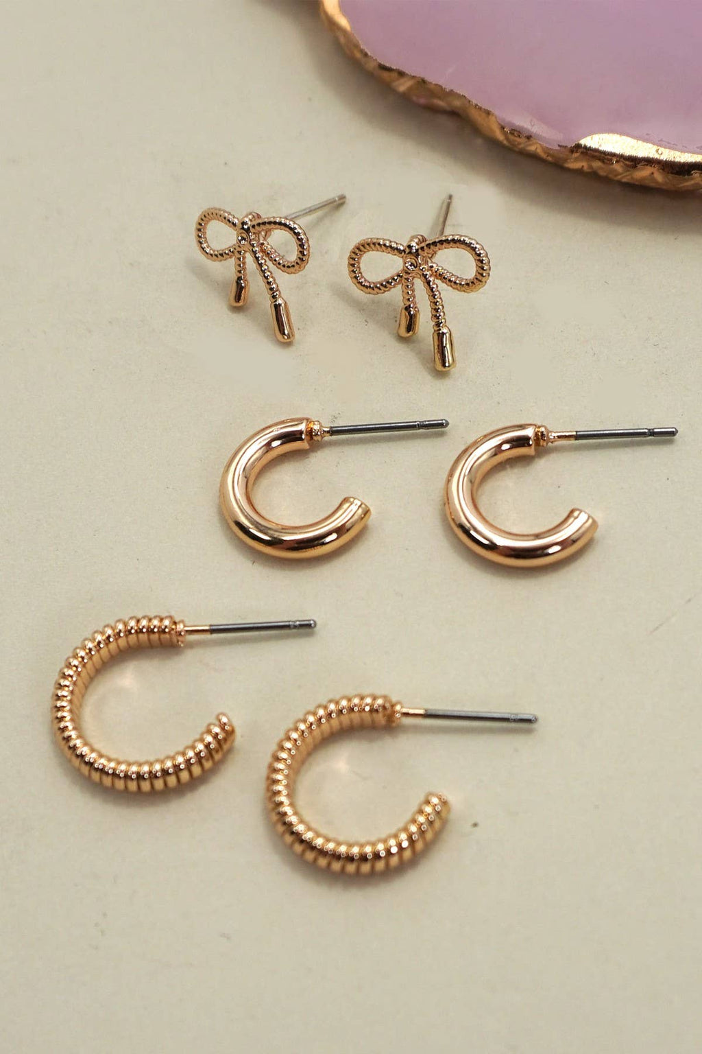 MINI BOW HUGGIE HOOP TRIO EARRINGS - The Coral Palm LLC
