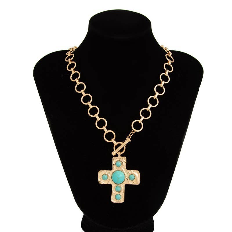 NOTABLE HAMMERED CROSS FRONT TOGGLE NECKLACE - The Coral Palm LLC