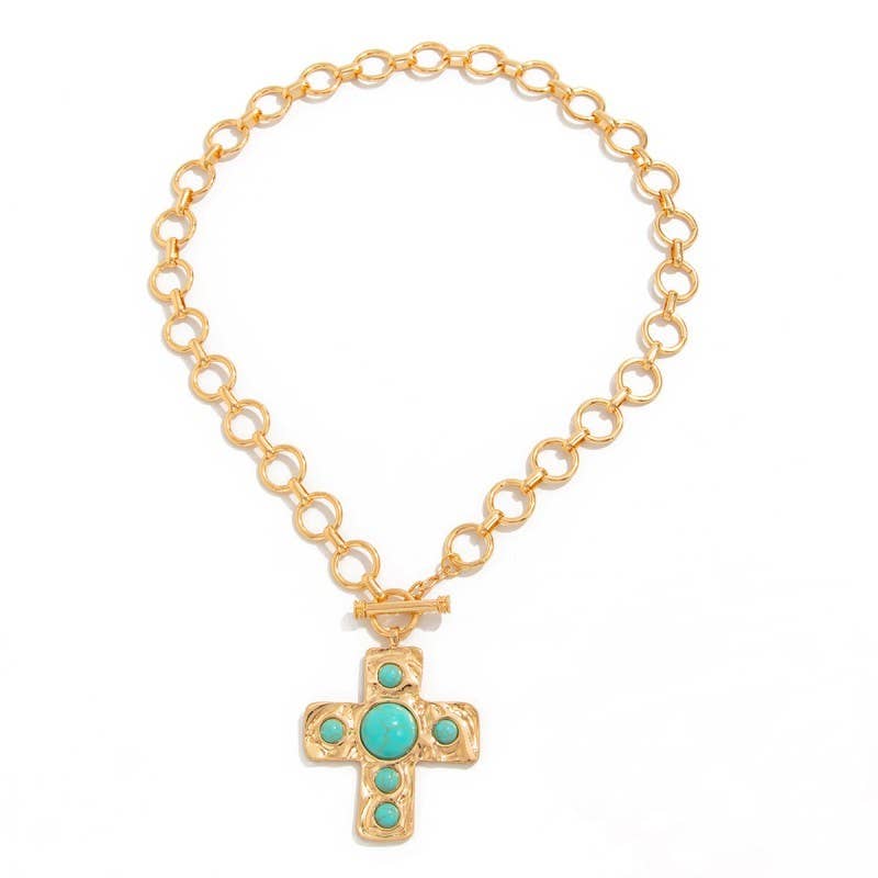 NOTABLE HAMMERED CROSS FRONT TOGGLE NECKLACE - The Coral Palm LLC