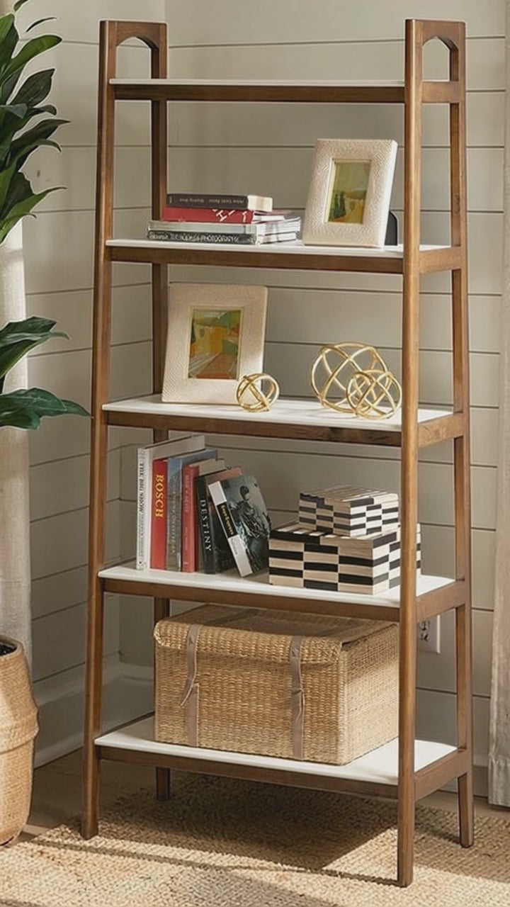 Wood White-Top Bookcase Display Shelf, Pecan