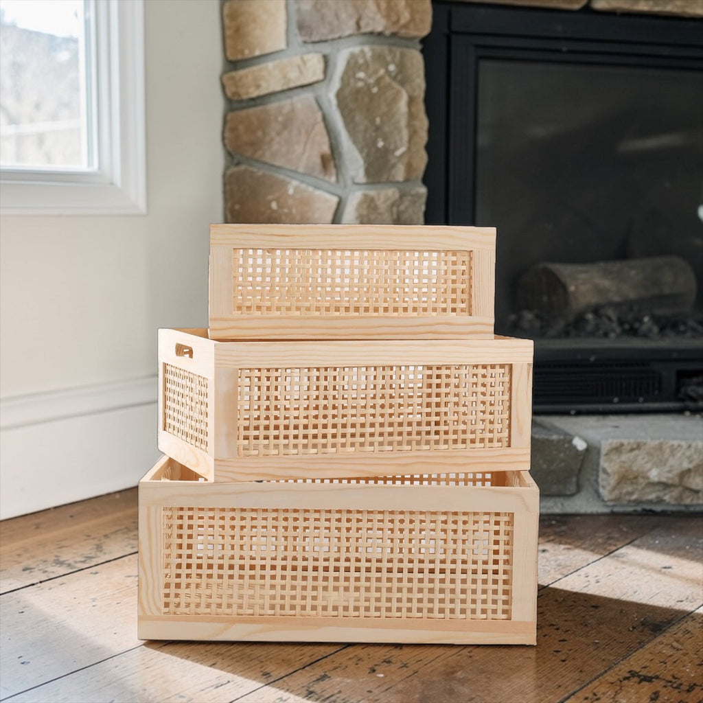 Rattan Storage Basket with Wooden Drawer – Handwoven Organizer Box for Living Room, Bedroom, Office or Shelf Storage | Natural Rattan Decorative Storage Basket - The Coral Palm LLC