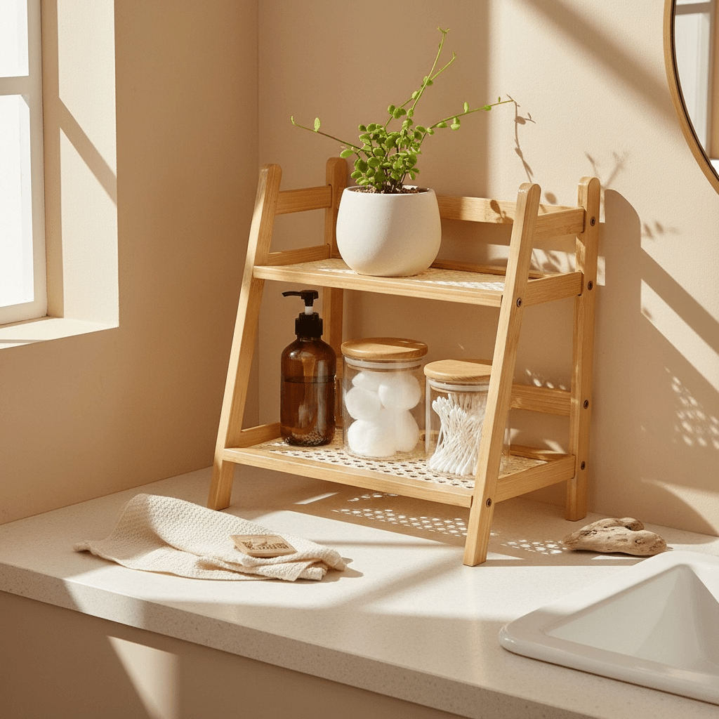 Rattan Storage Rack Organizer – Multi - Tier Bamboo Shelf for Kitchen Counter, Bathroom, Bedroom or Desk | Space Saving Trapezoid Organizer with Natural Woven Design - The Coral Palm LLC