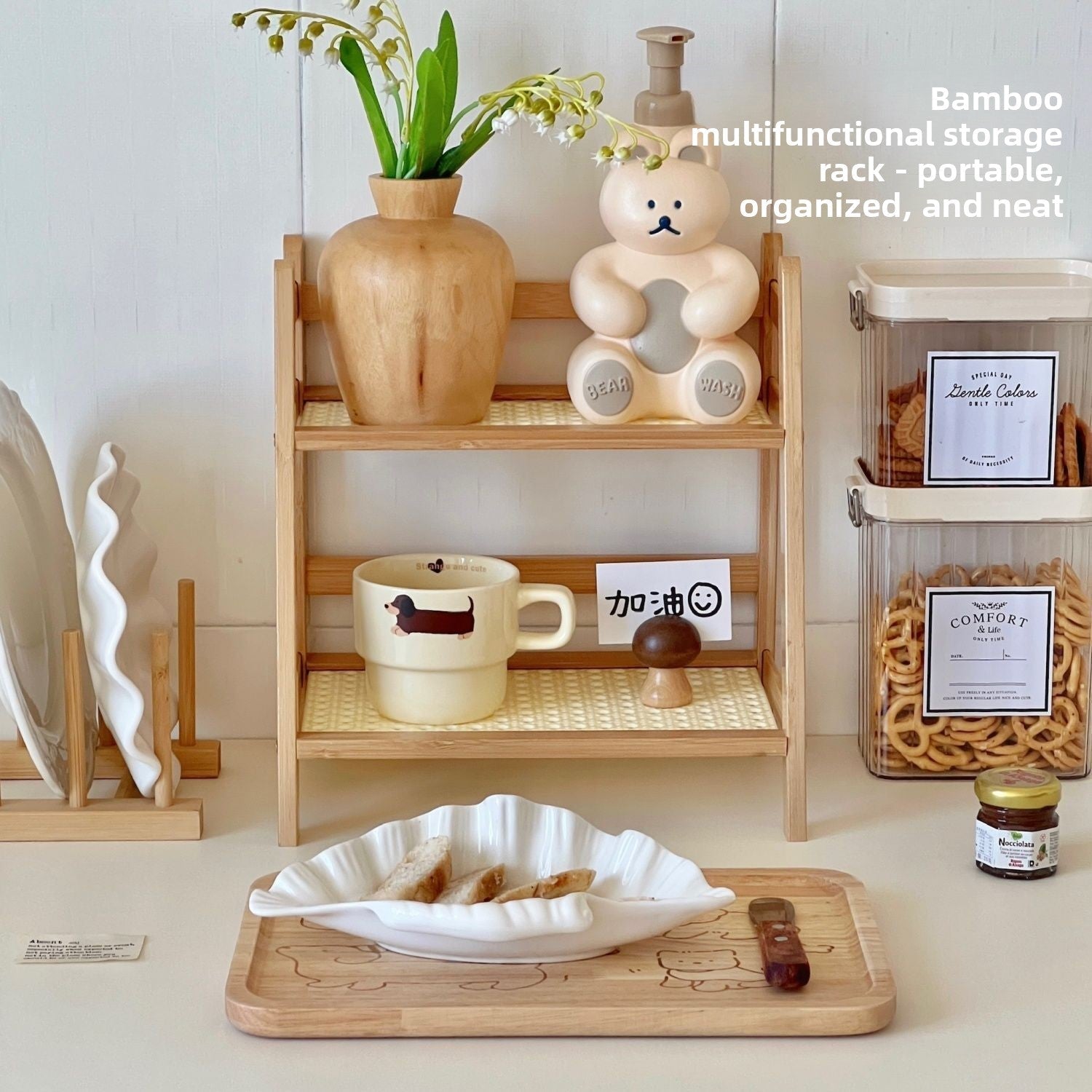Rattan Storage Rack Organizer – Multi - Tier Bamboo Shelf for Kitchen Counter, Bathroom, Bedroom or Desk | Space Saving Trapezoid Organizer with Natural Woven Design - The Coral Palm LLC