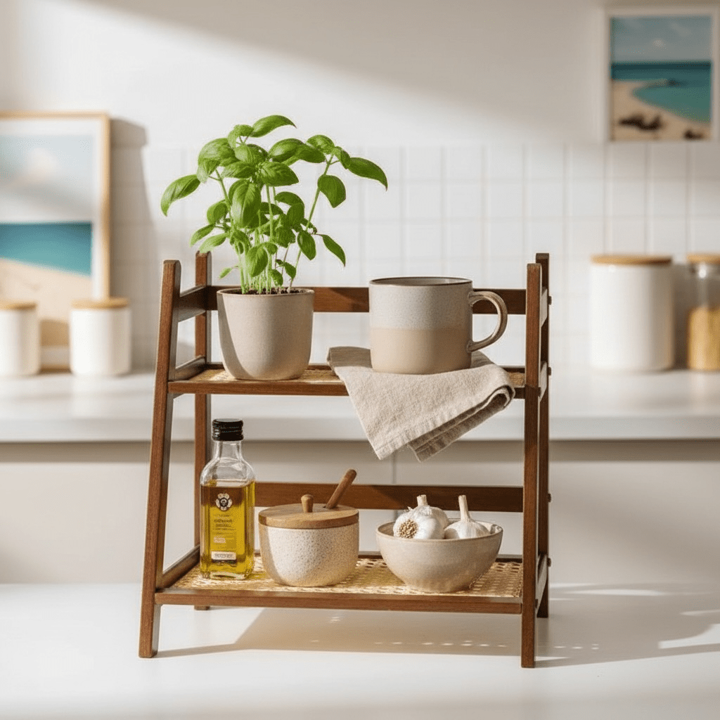 Rattan Storage Rack Organizer – Multi - Tier Bamboo Shelf for Kitchen Counter, Bathroom, Bedroom or Desk | Space Saving Trapezoid Organizer with Natural Woven Design - The Coral Palm LLC