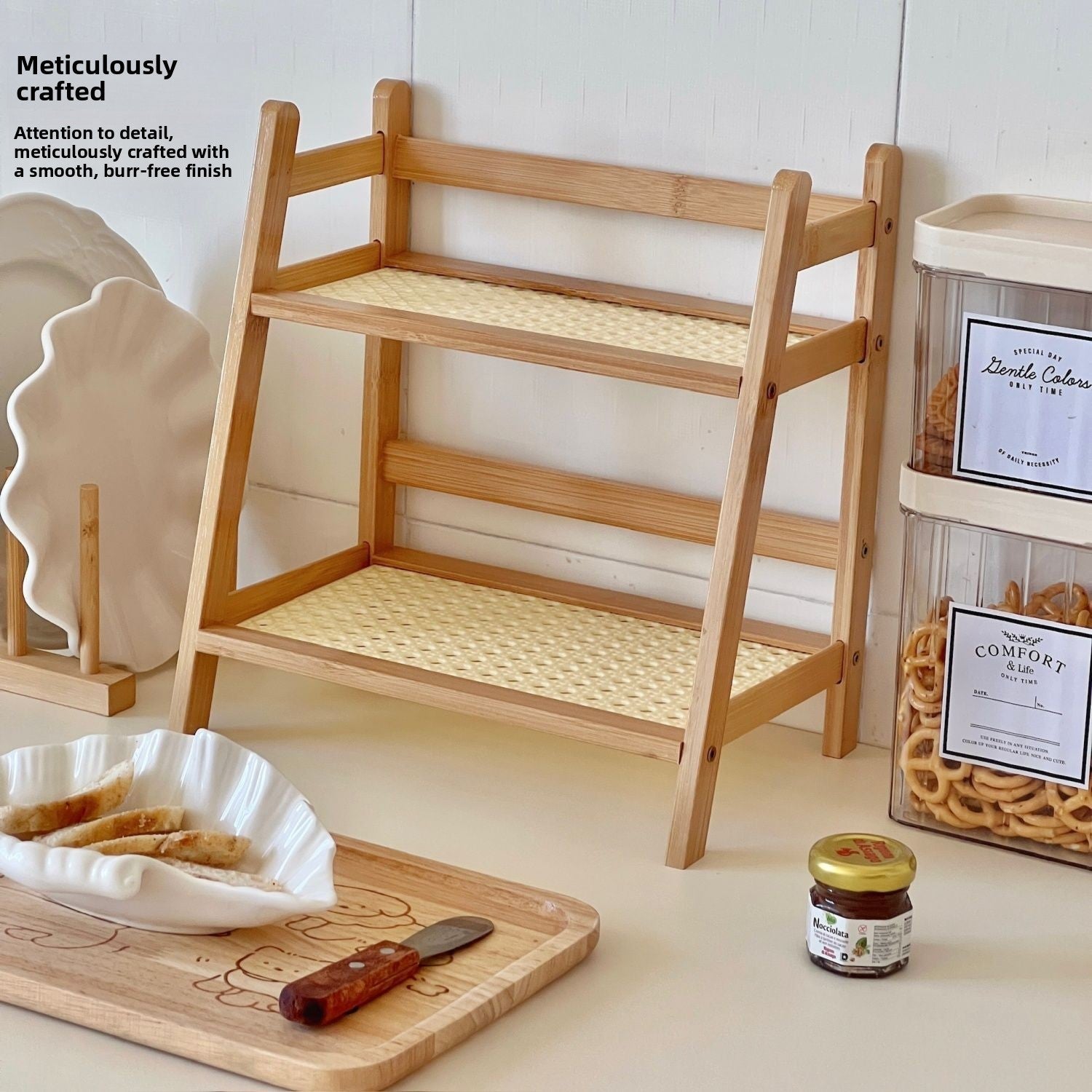 Rattan Storage Rack Organizer – Multi - Tier Bamboo Shelf for Kitchen Counter, Bathroom, Bedroom or Desk | Space Saving Trapezoid Organizer with Natural Woven Design - The Coral Palm LLC