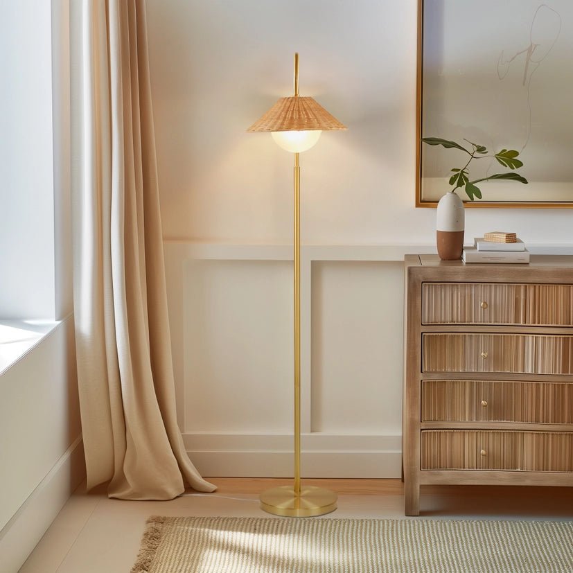 Rattan Weave Shade Floor Lamp, Gold/Natural - The Coral Palm LLC