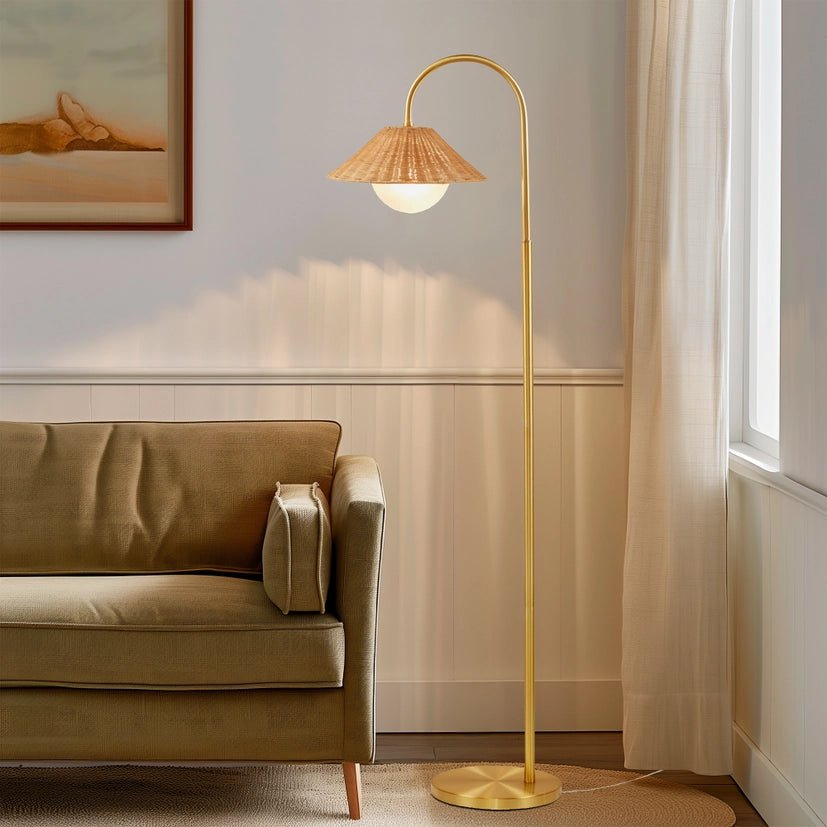 Rattan Weave Shade Floor Lamp, Gold/Natural - The Coral Palm LLC