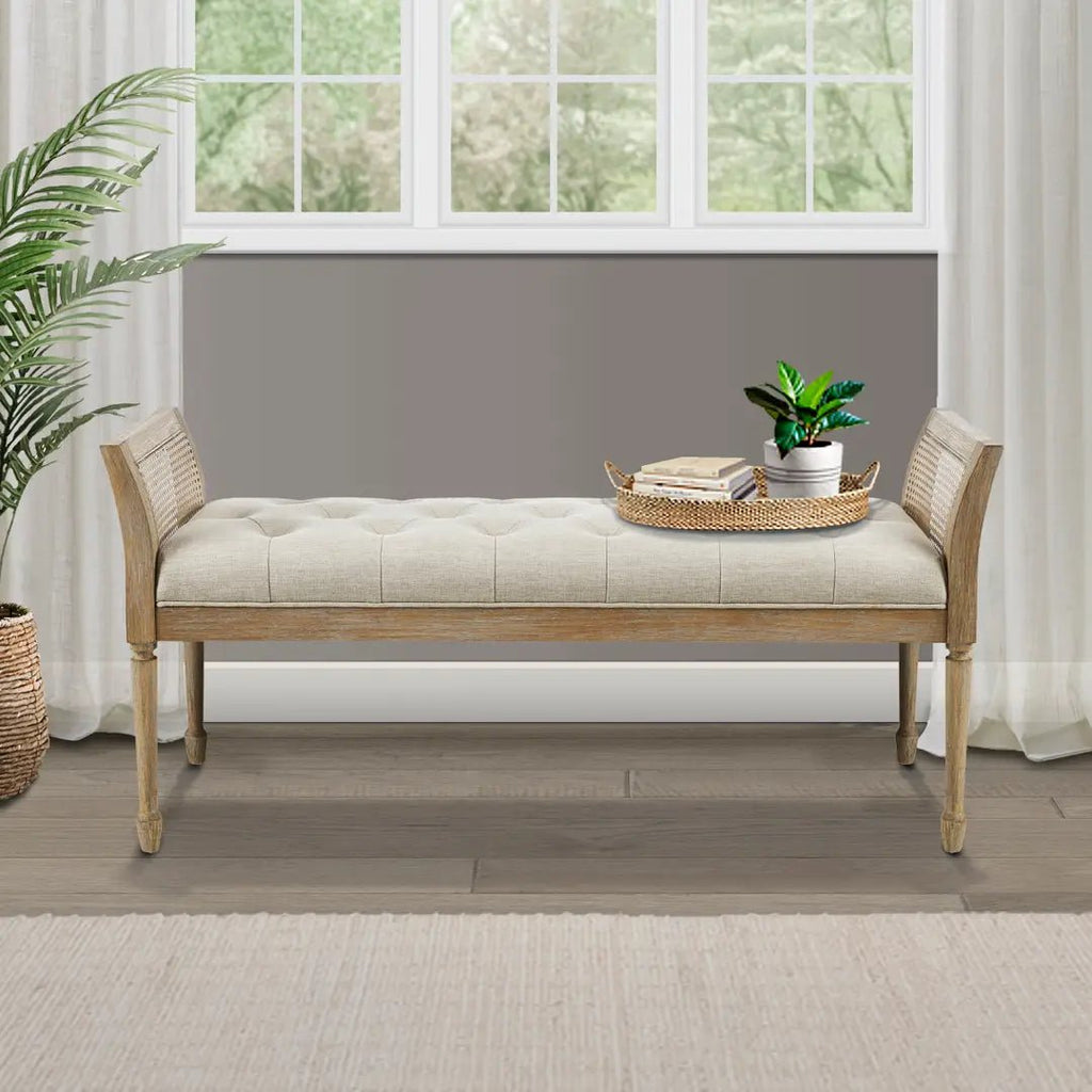 Reclaimed Natural Wood Finish Cane Armed Accent Bench - The Coral Palm LLC