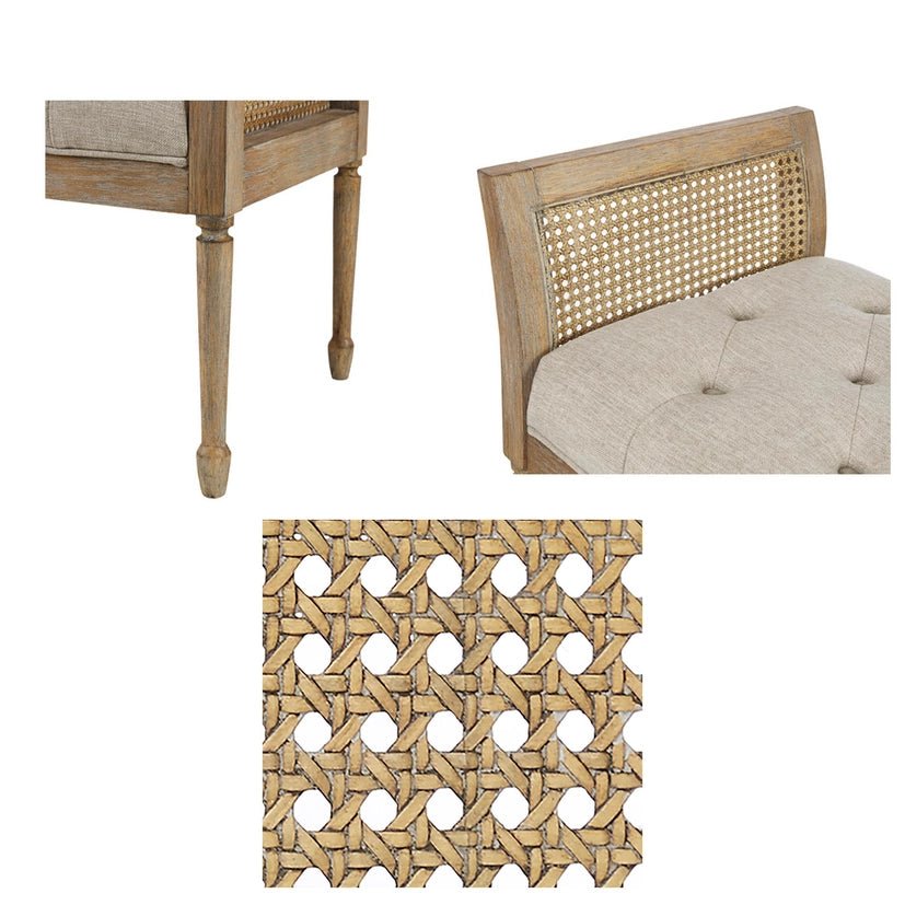 Reclaimed Natural Wood Finish Cane Armed Accent Bench - The Coral Palm LLC
