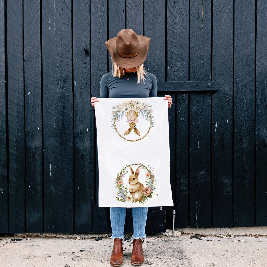 Rustic Farmhouse Bunny Wreath Kitchen Towel - The Coral Palm LLC