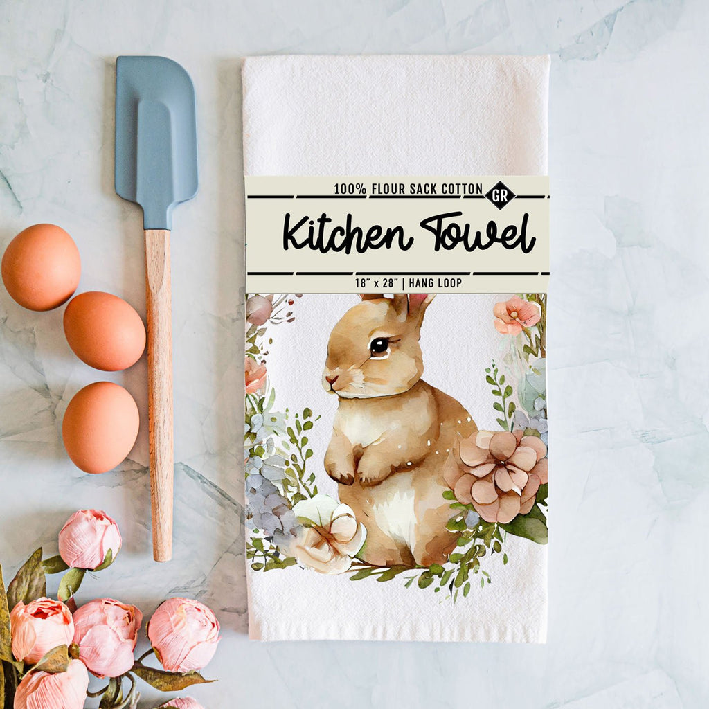 Rustic Farmhouse Bunny Wreath Kitchen Towel - The Coral Palm LLC
