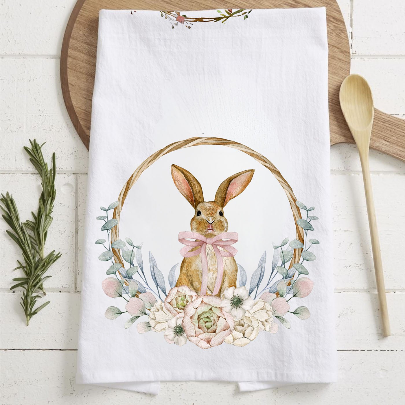 Rustic Farmhouse Bunny Wreath Kitchen Towel - The Coral Palm LLC
