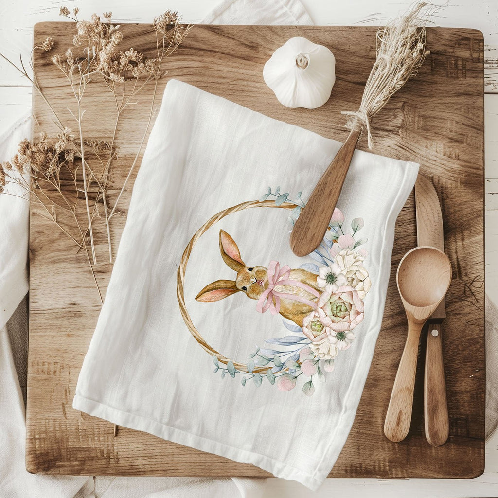 Rustic Farmhouse Bunny Wreath Kitchen Towel - The Coral Palm LLC