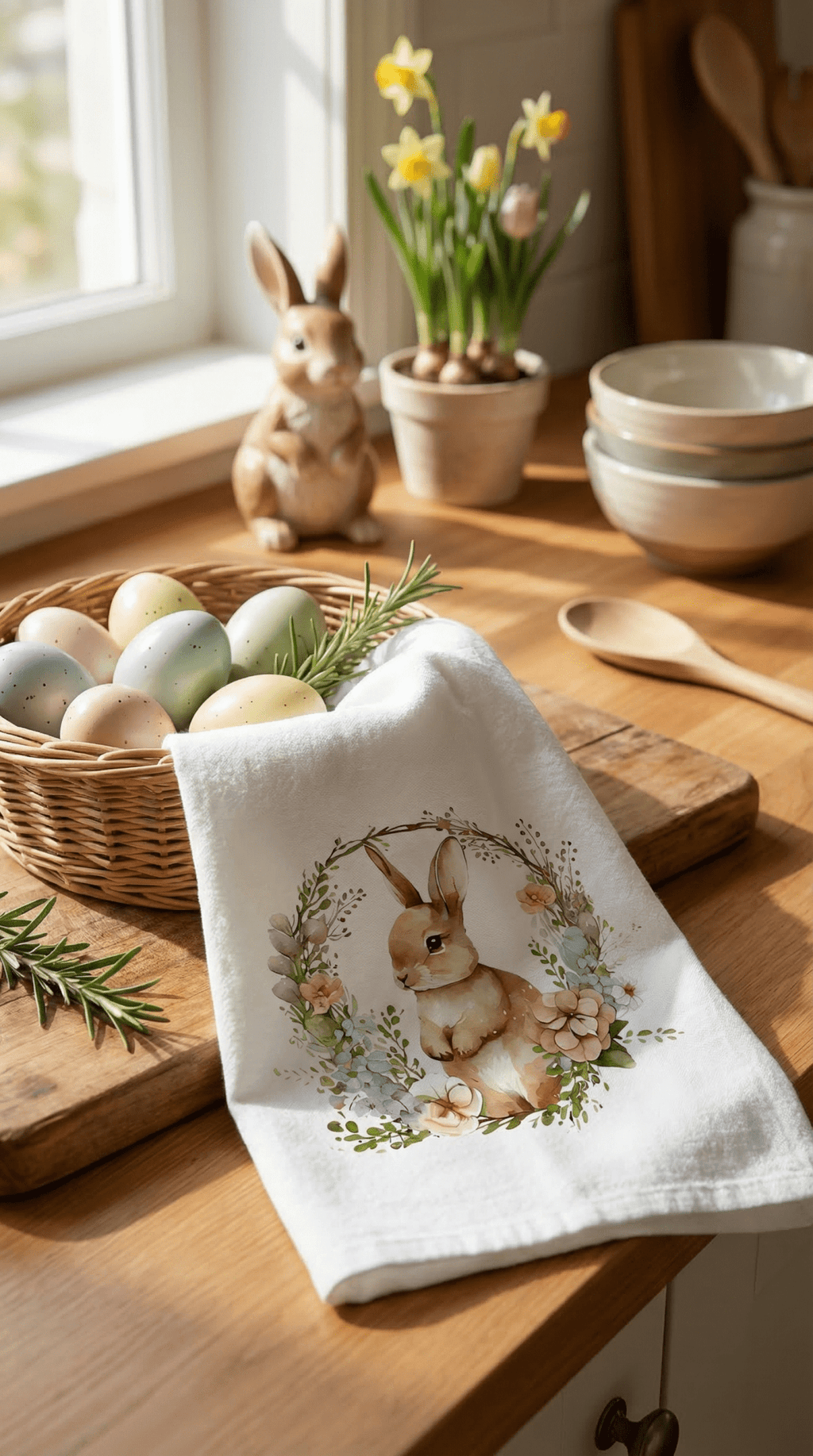 Rustic Farmhouse Bunny Wreath Kitchen Towel - The Coral Palm LLC