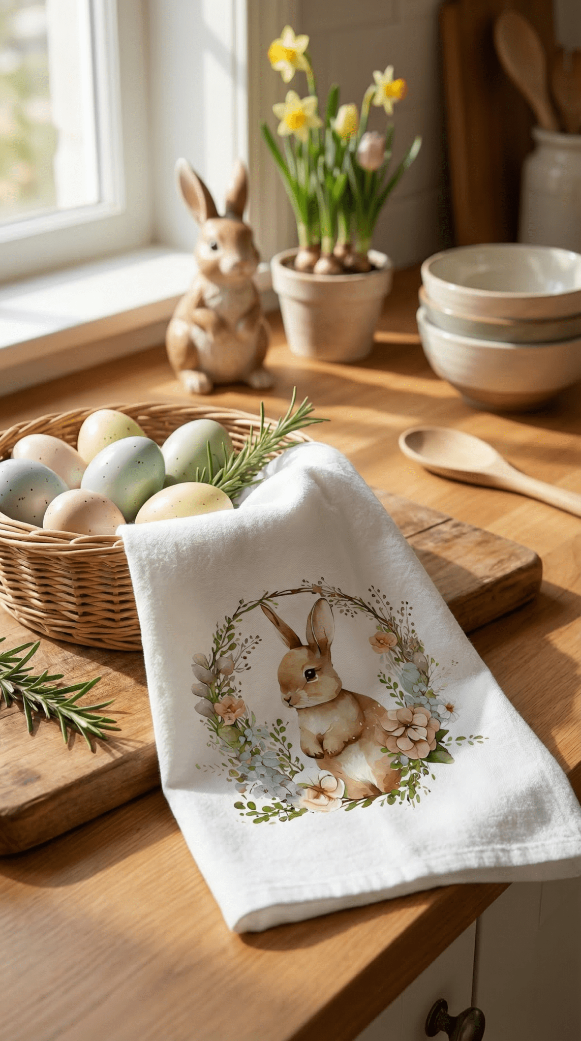 Rustic Farmhouse Bunny Wreath Kitchen Towel - The Coral Palm LLC