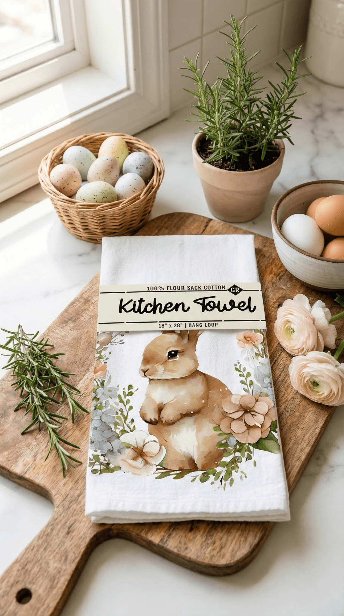 Rustic Farmhouse Bunny Wreath Kitchen Towel - The Coral Palm LLC