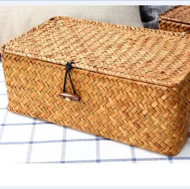 Seagrass Storage Box with Lid – Handwoven Rattan Organizer Basket - The Coral Palm LLC