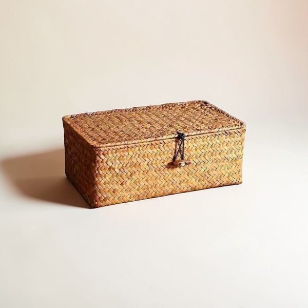 Seagrass Storage Box with Lid – Handwoven Rattan Organizer Basket - The Coral Palm LLC