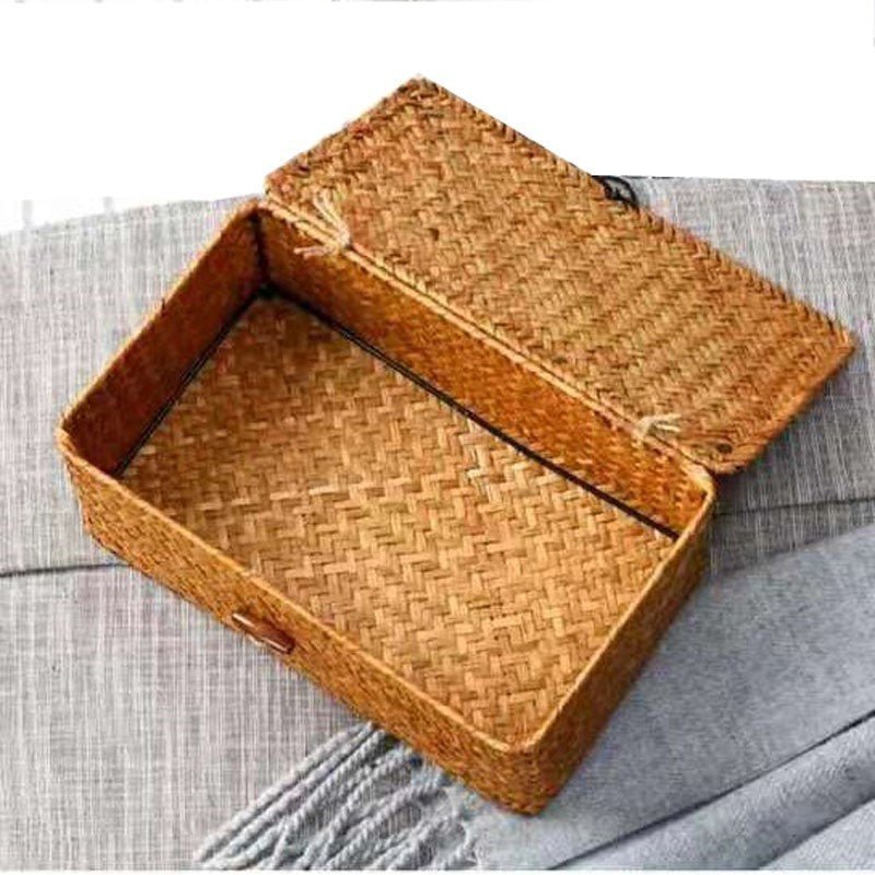 Seagrass Storage Box with Lid – Handwoven Rattan Organizer Basket - The Coral Palm LLC
