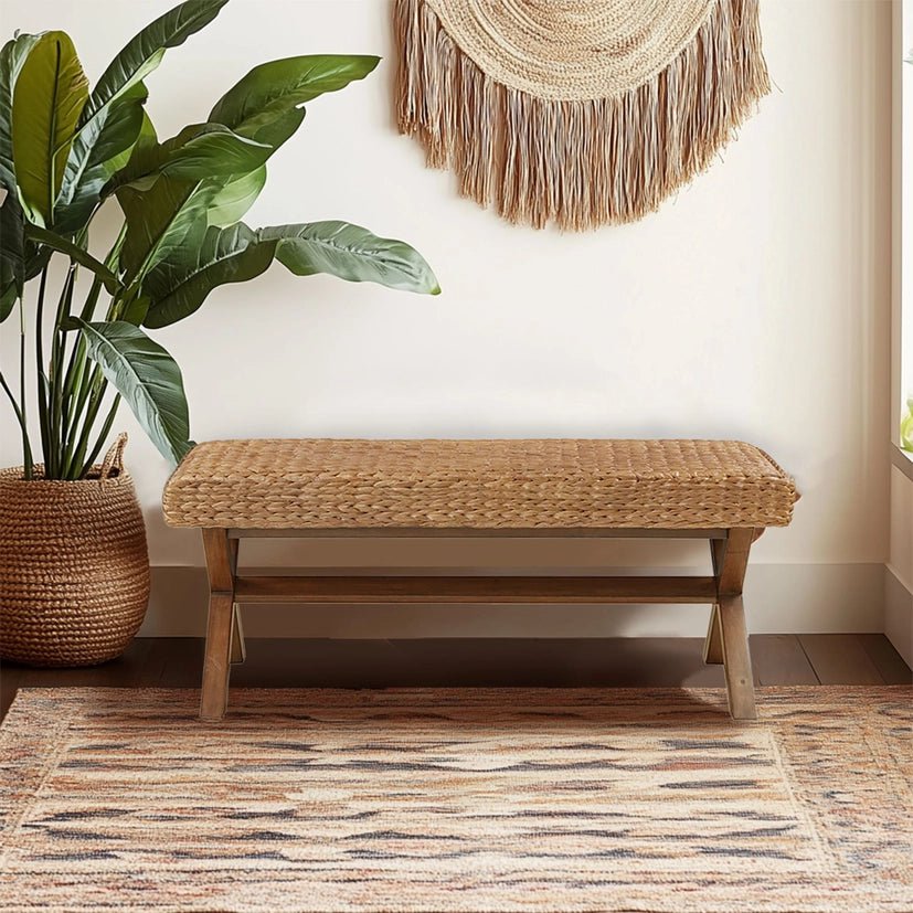 Seagrass Woven Farmhouse Rustic Boho Bench - The Coral Palm LLC