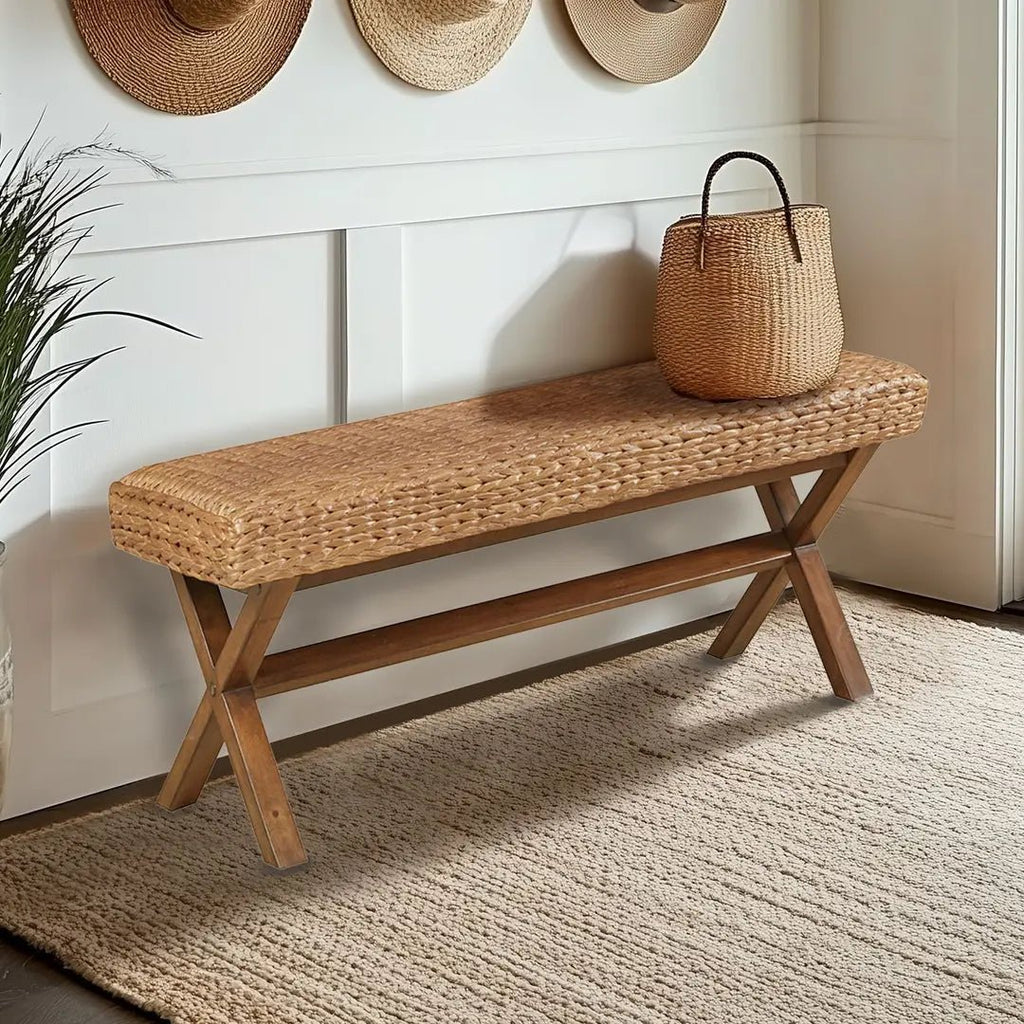 Seagrass Woven Farmhouse Rustic Boho Bench - The Coral Palm LLC