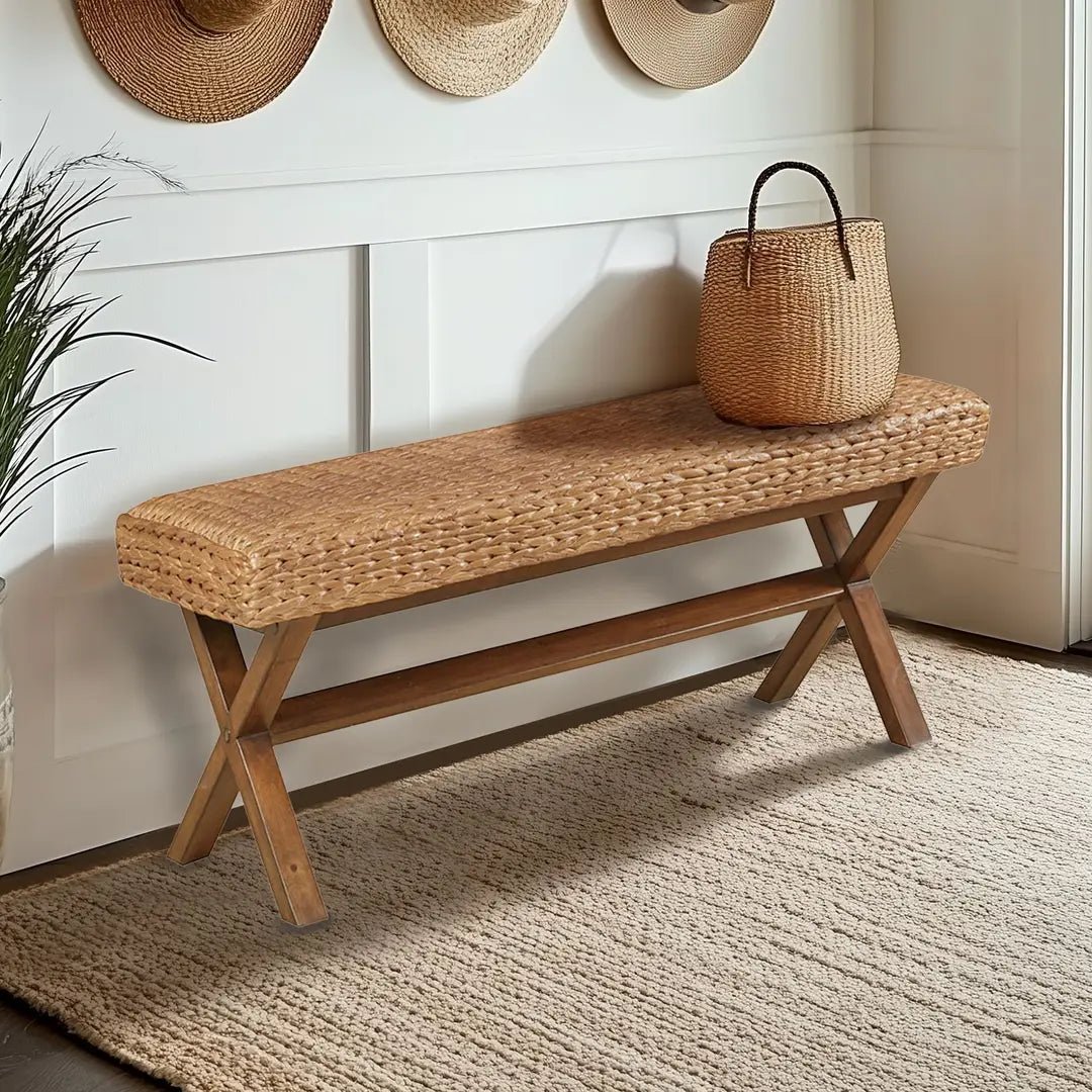 Seagrass Woven Farmhouse Rustic Boho Bench - The Coral Palm LLC