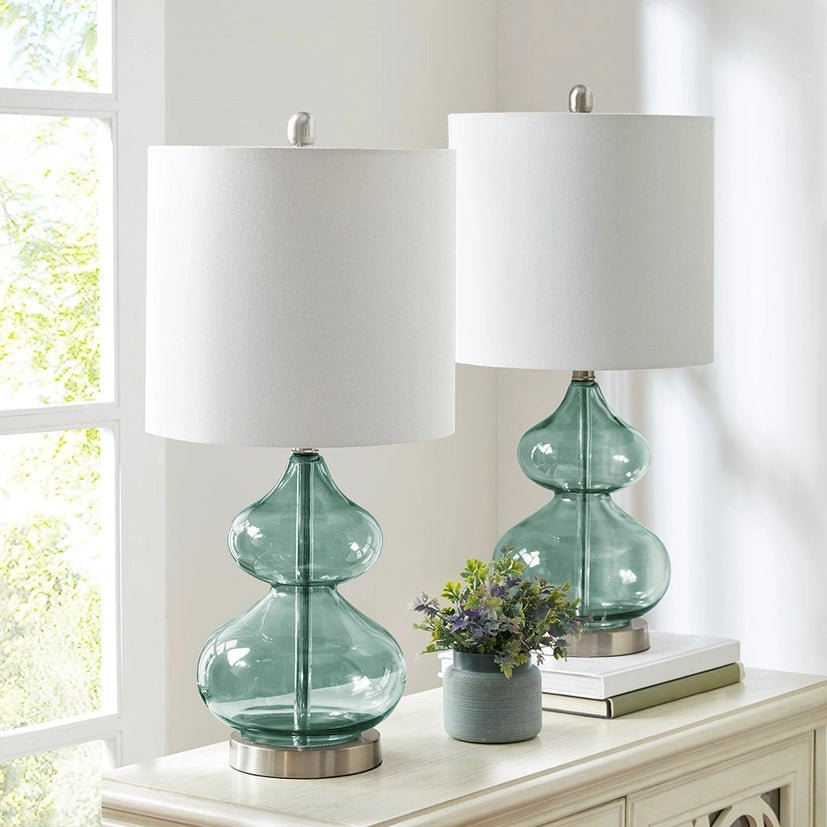[Set of 2] Clear Glass Base Table Lamps, Teal Blue Glass - The Coral Palm LLC