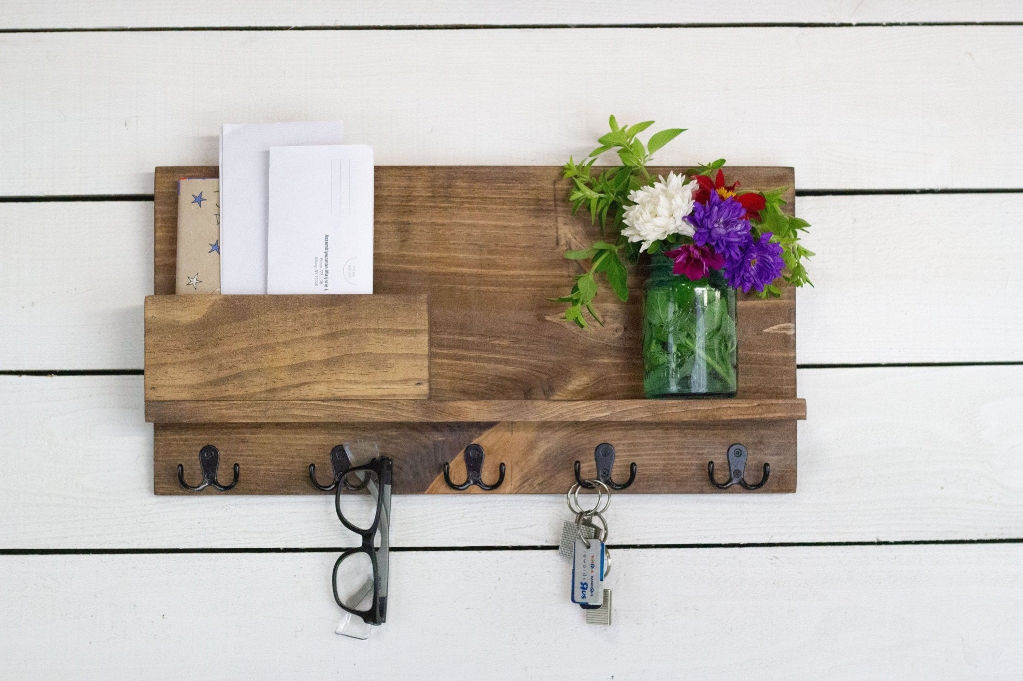 Solid Front Mail Holder with Shelf and Key Hooks. - The Coral Palm LLC