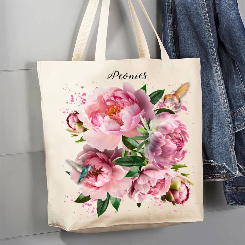 Spring Garden Peonies Flowers 12 oz Canvas Tote Bag - The Coral Palm LLC