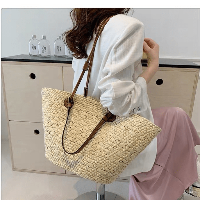 Straw Beach Tote Bag – Large Summer Woven Straw Shoulder Bag for Beach, Travel, Vacation, Farmers Market & Everyday Tote Carry - The Coral Palm LLC