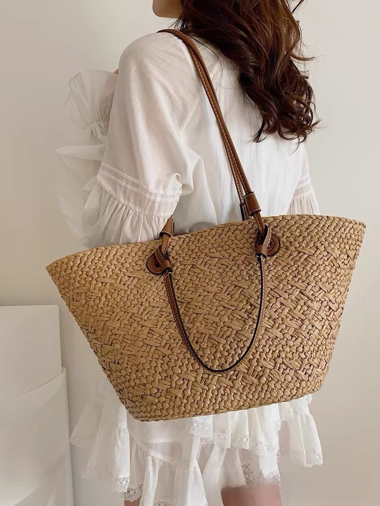 Straw Beach Tote Bag – Large Summer Woven Straw Shoulder Bag for Beach, Travel, Vacation, Farmers Market & Everyday Tote Carry - The Coral Palm LLC