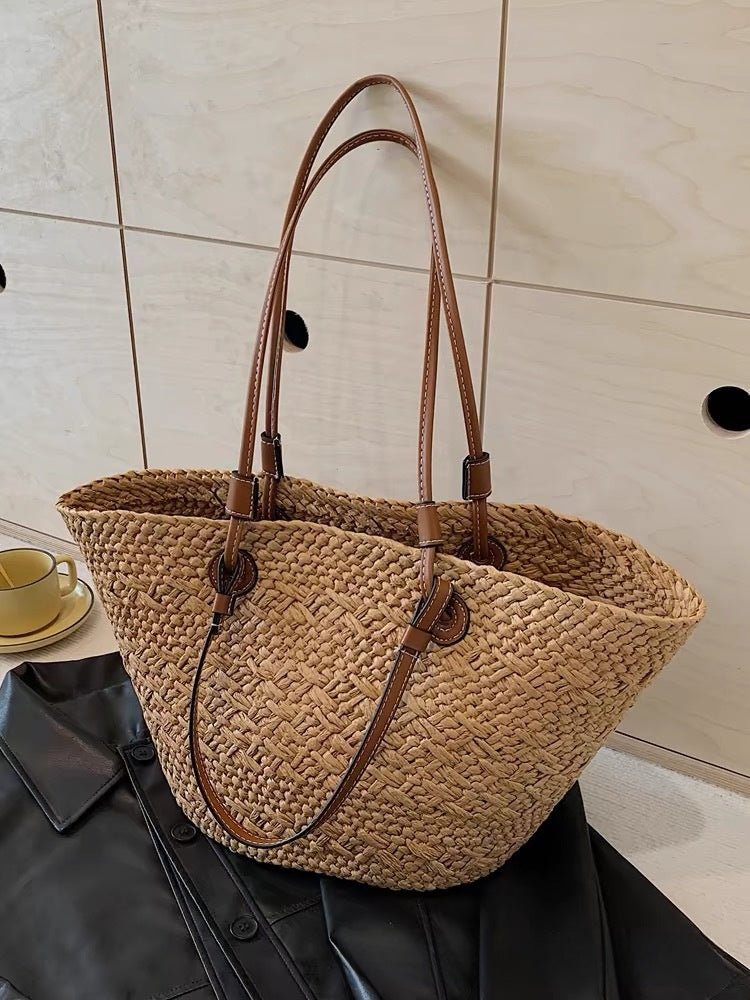 Straw Beach Tote Bag – Large Summer Woven Straw Shoulder Bag for Beach, Travel, Vacation, Farmers Market & Everyday Tote Carry - The Coral Palm LLC