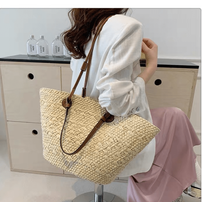 Straw Beach Tote Bag – Large Summer Woven Straw Shoulder Bag for Beach, Travel, Vacation, Farmers Market & Everyday Tote Carry - The Coral Palm LLC