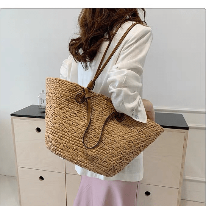 Straw Beach Tote Bag – Large Summer Woven Straw Shoulder Bag for Beach, Travel, Vacation, Farmers Market & Everyday Tote Carry - The Coral Palm LLC