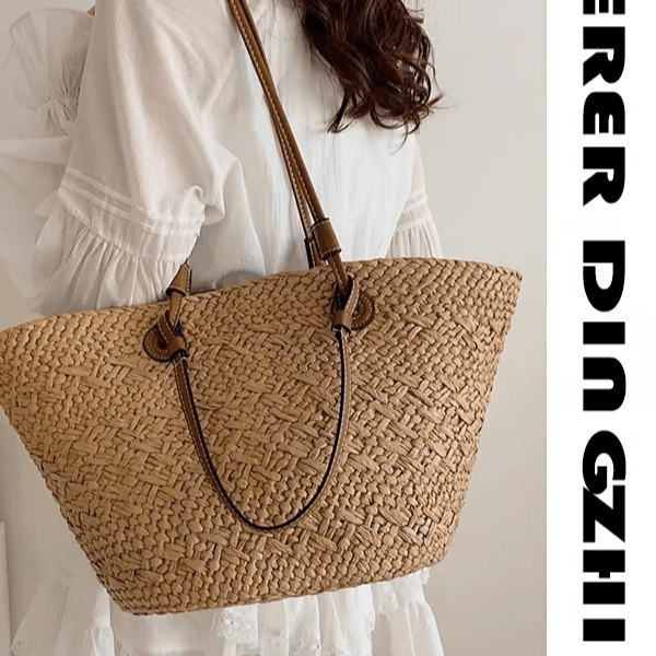 Straw Beach Tote Bag – Large Summer Woven Straw Shoulder Bag for Beach, Travel, Vacation, Farmers Market & Everyday Tote Carry - The Coral Palm LLC