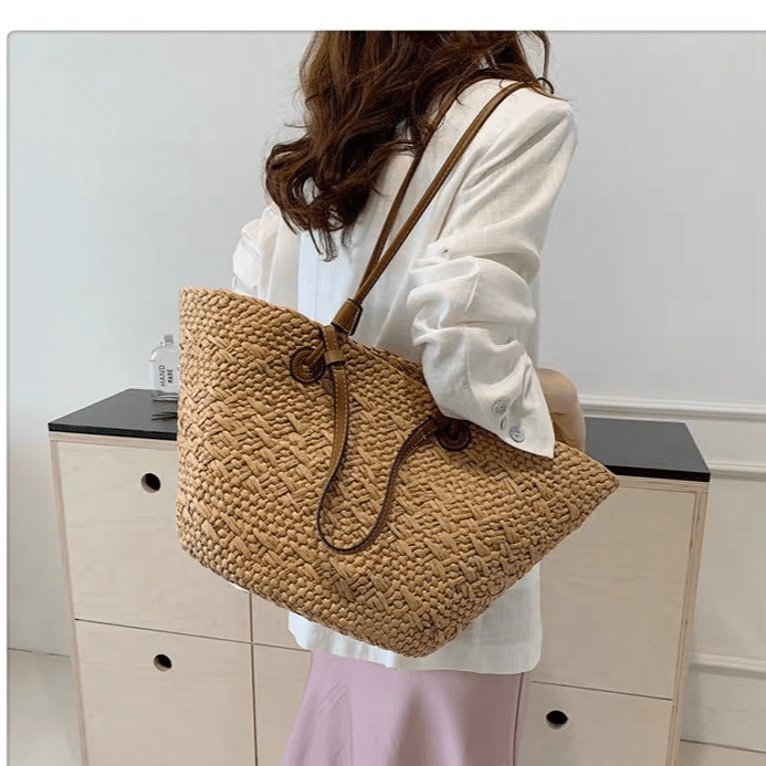 Straw Beach Tote Bag – Large Summer Woven Straw Shoulder Bag for Beach, Travel, Vacation, Farmers Market & Everyday Tote Carry - The Coral Palm LLC