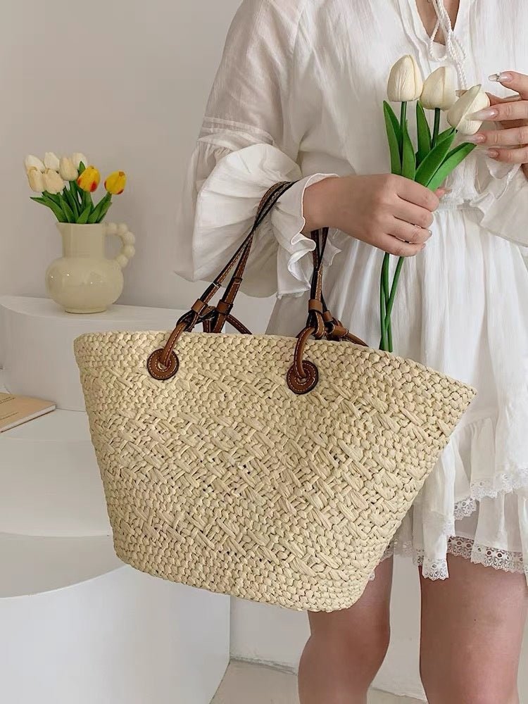 Straw Beach Tote Bag – Large Summer Woven Straw Shoulder Bag for Beach, Travel, Vacation, Farmers Market & Everyday Tote Carry - The Coral Palm LLC