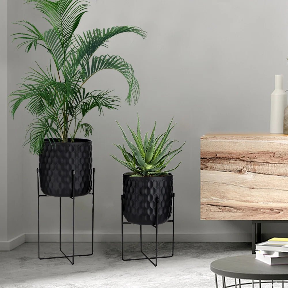 Tall Metal Flower Pot With Stand (Black) - The Coral Palm LLC