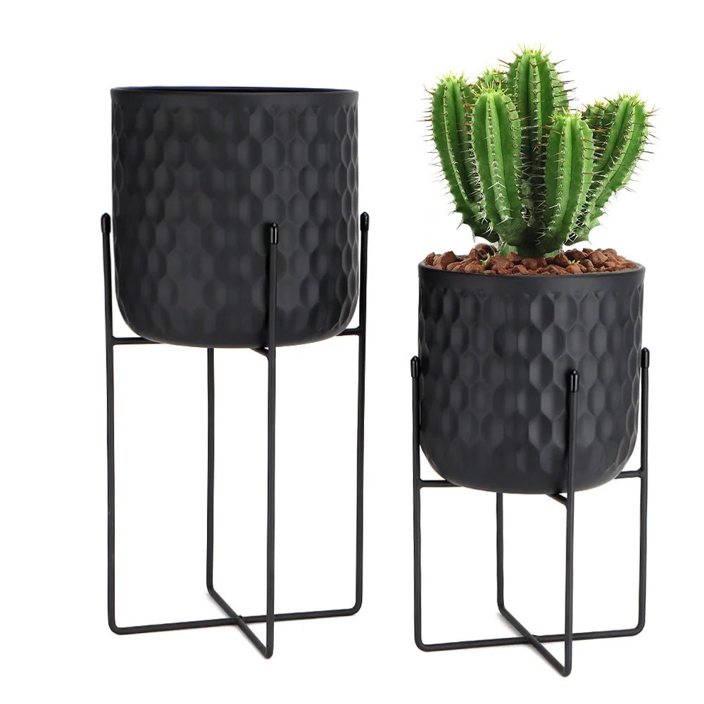 Tall Metal Flower Pot With Stand (Black) - The Coral Palm LLC