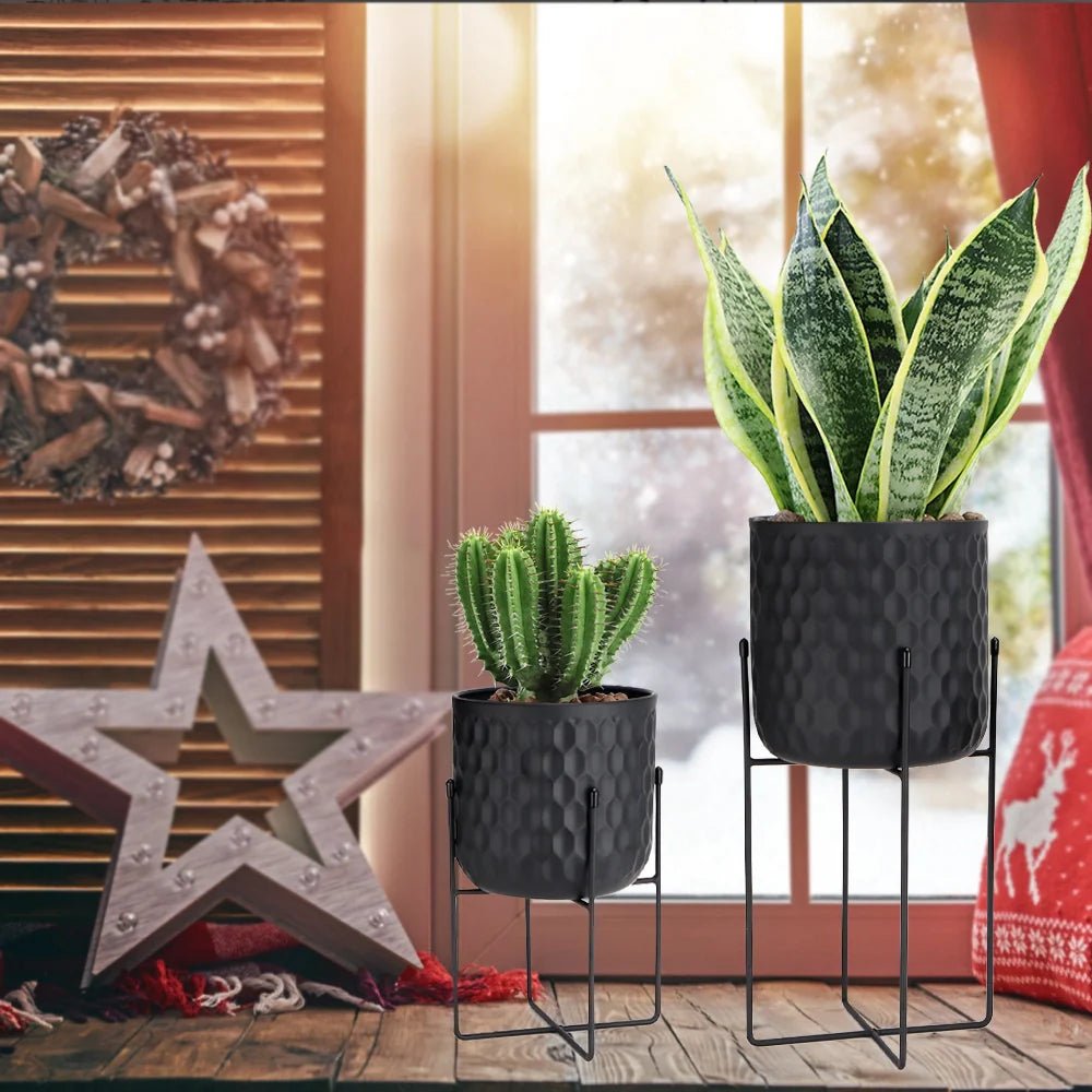 Tall Metal Flower Pot With Stand (Black) - The Coral Palm LLC